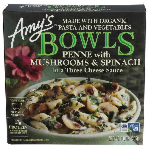 AMY's Penne With Mushrooms & Spinach Bowl - 9 Ounce