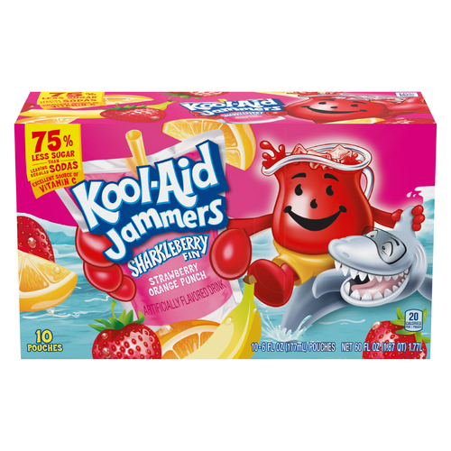 Kool-Aid Jammers Sharkleberry Fin Strawberry Orange Punch Flavored Drink, Box, Pouches - 10 Count