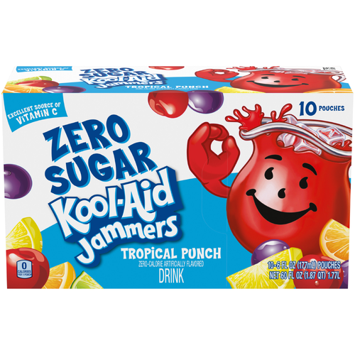 Kool-Aid Jammers Tropical Punch Zero Sugar Artificially Flavored Soft Drink, Box, Pouches - 10 Count