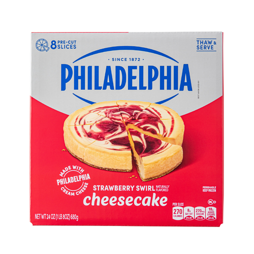 Philadelphia Cheesecake, Frozen Dessert, 1 Box, For Quick And Easy Desserts, Strawberry Swirl Naturally Flavored, No Artificial Flavors Or Dyes, 8 Pre-Cut Slices - 24 Ounce Image 1 of 2