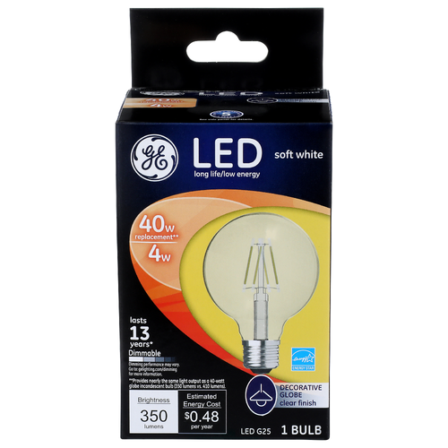 Ge Decorative Globe Clear Finish Soft White Led G25 Bulb - 1 Count
