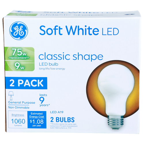 Ge Classic Shape Soft White Led A19 Bulb - 2 Count