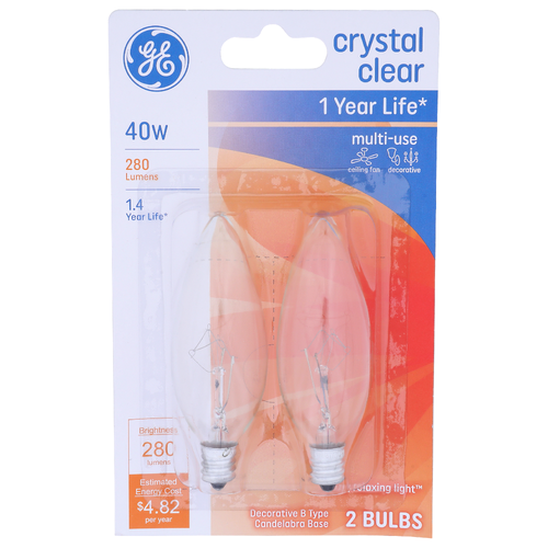 Ge Decorative b Type Candelabra Base Crystal Clear Bulb - 2 Count