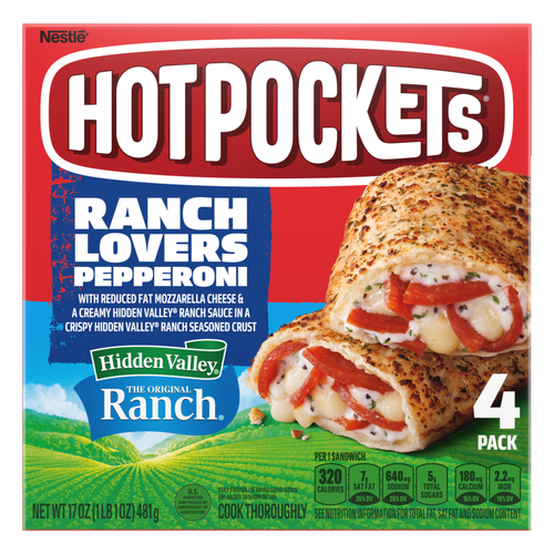 Hot Pockets Ranch Lovers Pepperoni, Hidden Valley Ranch, Pizza Snack, Frozen Snacks 4-Pack - 17 Ounce