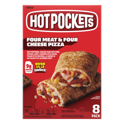 Hot Pockets Four Meat, Cheese Pizza, Frozen Snack, 8 Pack - 34 Ounce