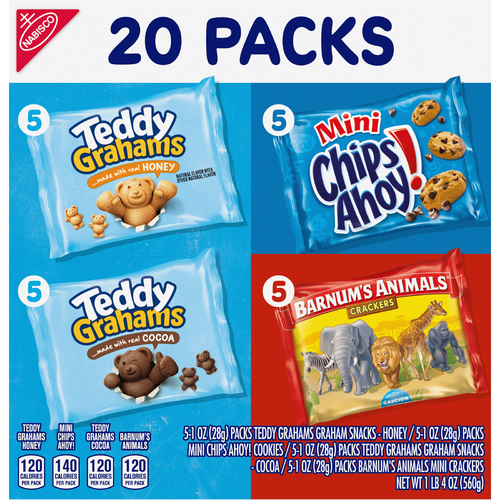 BARNUMS/CHIPS AHOY!/TEDDY GRAHAMSssorted Nabisco Fun Shapes Variety Pack, Barnum's Animal Crackers, Teddy And Chips Ahoy! Cookies, Snack Packs - 20 Ounce
