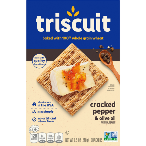 TRISCUIT Cracked Pepper & Olive Oil Whole Grain Wheat Crackers, Lunch Snacks, Snack - 8.5 Ounce