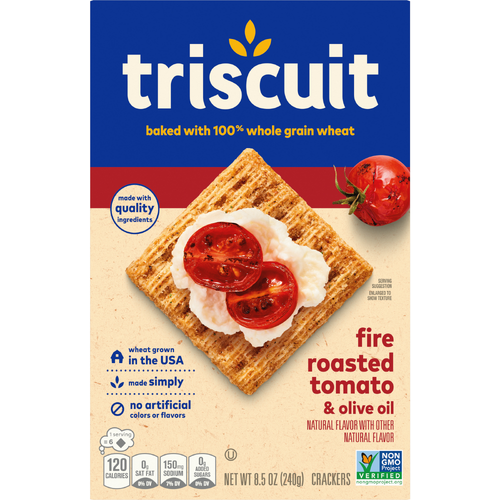 TRISCUIT Fire Roasted Tomato & Olive Oil Whole Grain Wheat Crackers, Lunch Snacks, Snack - 8.5 Ounce