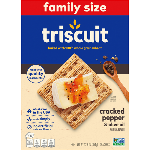 TRISCUIT Cracked Pepper & Olive Oil Whole Grain Wheat Crackers, Lunch Snacks, Snack Family Size - 12.5 Ounce