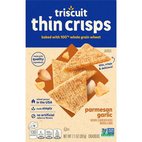 TRISCUIT Thin Crisps Parmesan Garlic Whole Grain Wheat Crackers, Lunch Snacks, Snack - 7.1 Ounce