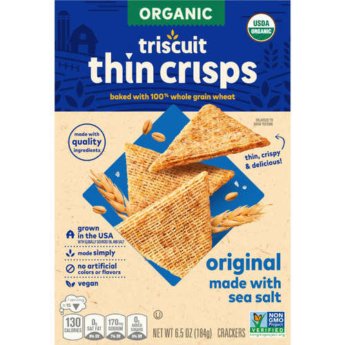TRISCUIT Thin Crisps Original Organic Whole Grain Wheat Crackers, Vegan Snacks, Lunch - 6.5 Ounce