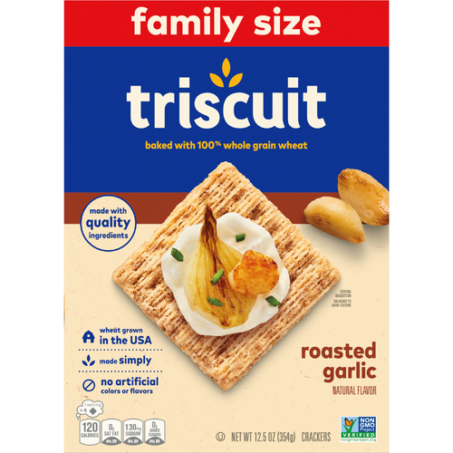 TRISCUIT Roasted Garlic Whole Grain Wheat Crackers, Lunch Snacks, Snack Family Size - 12.5 Ounce