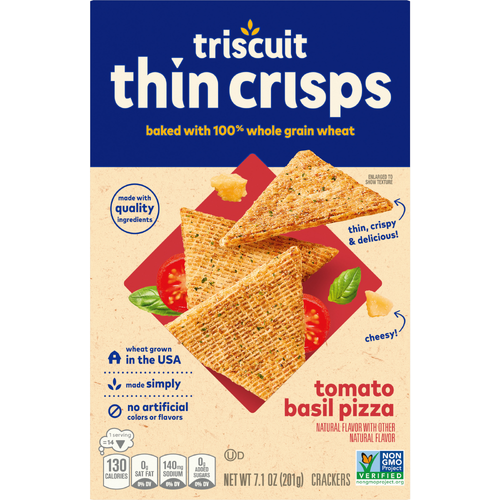 TRISCUIT Thin Crisps Tomato Basil Pizza Whole Grain Wheat Crackers, Lunch Snacks, Snack - 7.1 Ounce