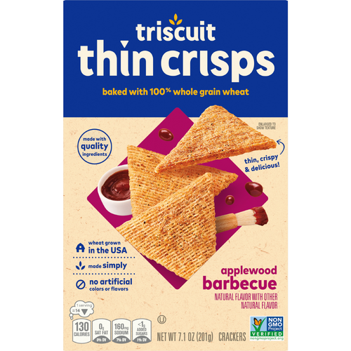 TRISCUIT Thin Crisps Applewood Barbecue Whole Grain Wheat Crackers, Lunch Snacks, Snack - 7.1 Ounce