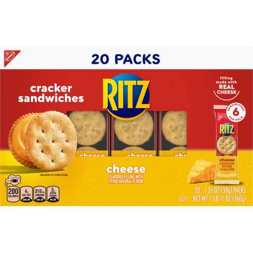 RITZ Cheese Sandwich Crackers, Lunch Snacks, 20 Snack Packs (6 Crackers Per Pack) - 27 Ounce