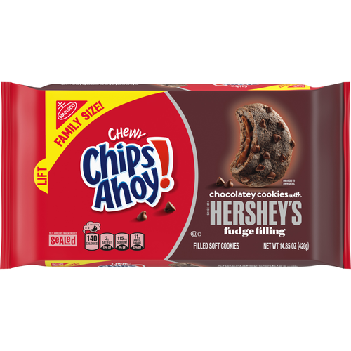 CHIPS AHOY! Chewy Chocolatey Hershey's Fudge Filled Soft Chocolate Chip Cookies, Chocolate Cookies, Family Size - 14.85 Ounce