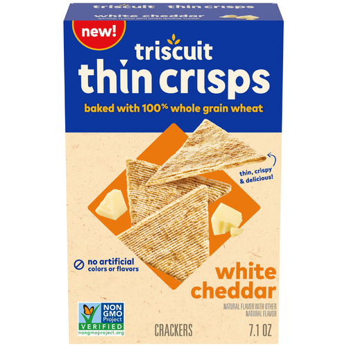 Triscuit Thin Crisps White Cheddar Thin Crisps Whole Grain Wheat Crackers, Lunch Snacks, Snack - 7.1 Ounce Image 1 of 3