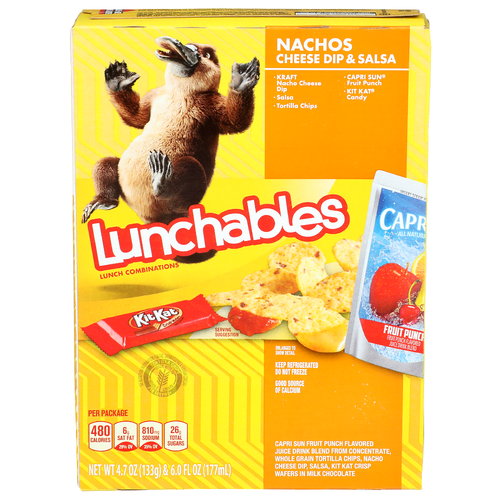 Lunchables Capri Sun Fruit Punch Flavored Juice Drink Blend From Concentrate, Whole Grain Tortilla Chips, Nacho Cheese Dip, Salsa, Kit Kat Crisp Wafers In Milk Chocolate Lunch Combinations Nachos Dip & Salsa - 4.7 Ounce