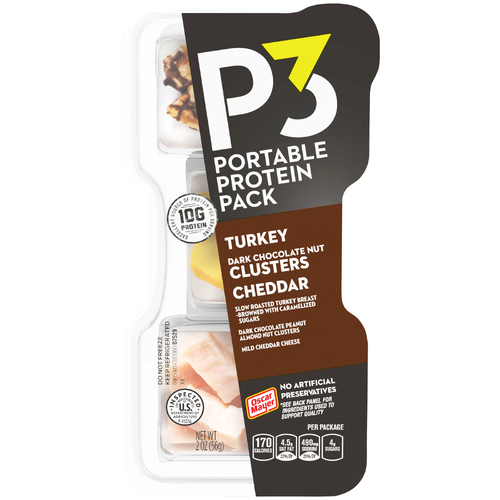 P3 Portable Protein Snack Pack With Dark Chocolate Almond Nut Clusters, Turkey & Cheddar Cheese, Tray - 2 Ounce