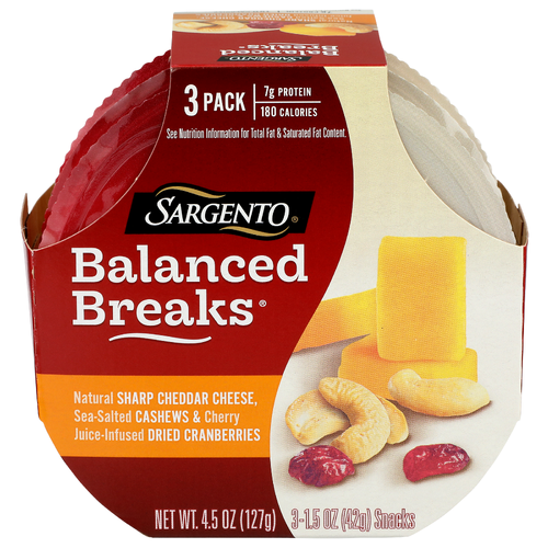 Sargento Natural Sharp Cheddar Cheese, Sea-Salted Cashews & Cherry Juice-Infused Dried Cranberries Balanced Breaks - 1.5 Ounce - 3 Count