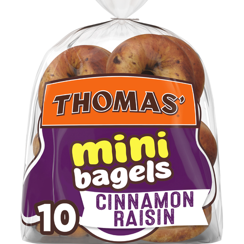 Thomas' Cinnamon Raisin Mini Bagels, 10 Pre Sliced Bagels With No High Fructose Corn Syrup, Bag - 15 Ounce Image 1 of 4