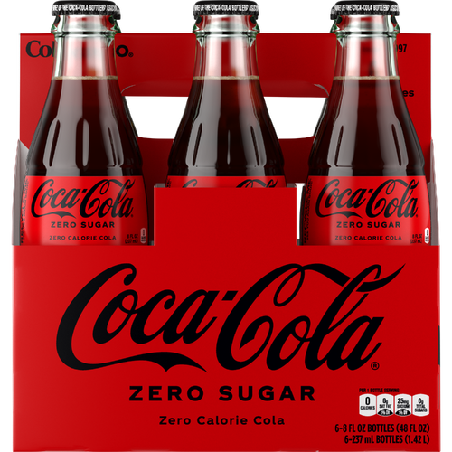 Coca-Cola Zero Sugar Soda Soft Drink, Glass Bottles, 6 Pack - 48 Fluid Ounce