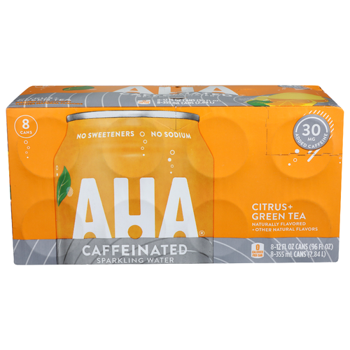 Aha Sparkling Water Citrus + Green Tea Caffeinated - 12 Fluid Ounce - 8 Count