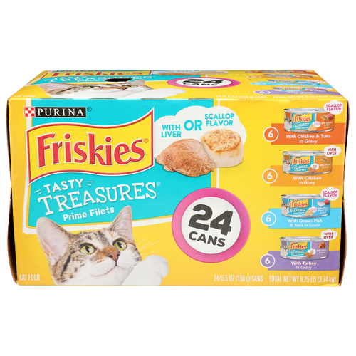 Purina Friskies Scallop Flavor With Chicken & Tuna In Gravy, Liver Ocean Fish & Tuna Sauce, Turkey Tasty Treasures Prime Filets Cat Food & Tuna - 5.5 Ounce - 24 Count