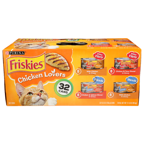 Purina Friskies Prime Filets With Chicken In Gravy Chicken & Tuna Dinner Shreds Chicken & Salmon Lovers Cat Food & Tuna & Salmon - 5.5 Ounce - 32 Count