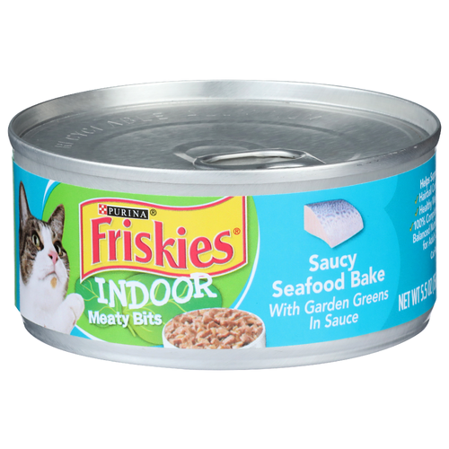 Purina Friskies Saucy Seafood Bake With Garden Greens In Sauce Indoor Meaty Bits - 5.5 Ounce