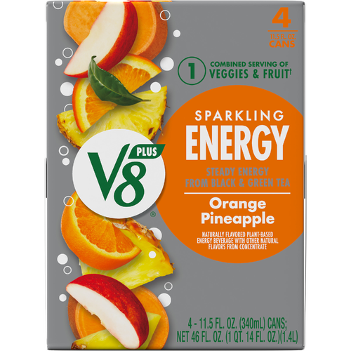 V8 +energy Sparkling Orange Pineapple Juice Energy Drink, Can 4 Pack - 46 Fluid Ounce