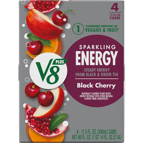V8 +energy Sparkling Black Cherry Juice Energy Drink, Can 4 Pack - 46 Fluid Ounce