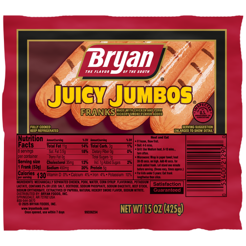 Bryan Juicy Jumbos Hot Dogs - 1.875 Ounce - 8 Count Image 1 of 3