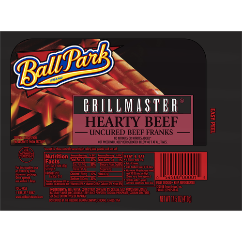 BALL PARK Bun Length Hot Dogs, Grillmaster Hearty Uncured Beef - 14.5 Ounce