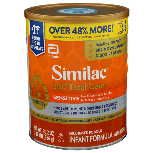 Abbott Infant Formula With Iron, 360 Total Care, Sensitive, Milk-Based Powder - 30.2 Ounce