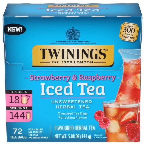 TWININGS OF LONDON Strawberry & Raspberry Tea Bag Iced Herbal - 0.071 Ounce - 72 Count