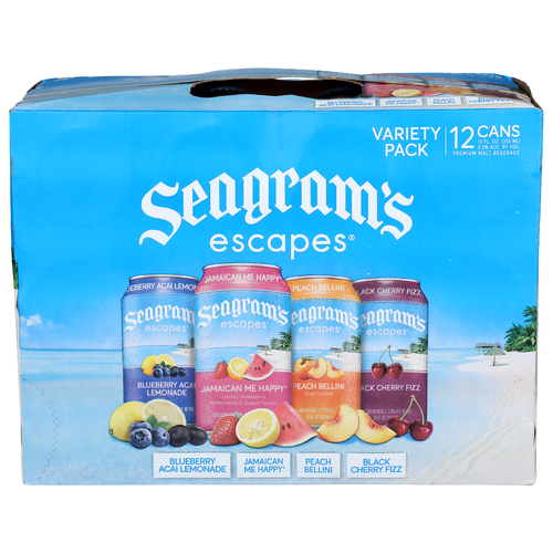 Seagram's Escapes Blueberry Acai Lemonade Jamaican Me Happy Peach Bellini Black Cherry Fizz Variety Pack Premium Malt Beverage - 12 Fluid Ounce