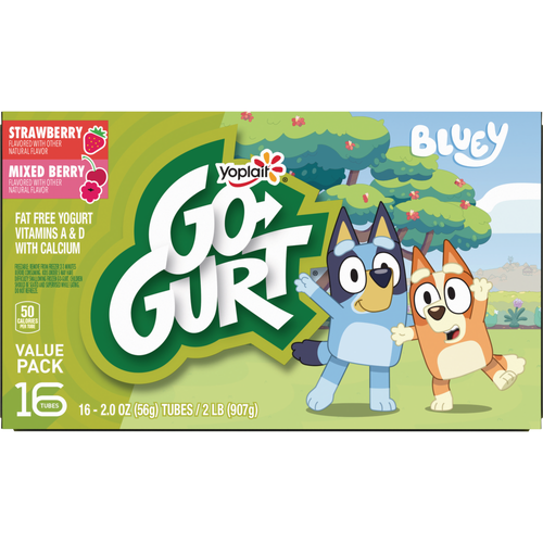 Go-Gurt Yoplait Bluey Kids Fat Free Yogurt Variety Pack, Gluten Free, 2 Lbs 16 Tubes - 32 Ounce