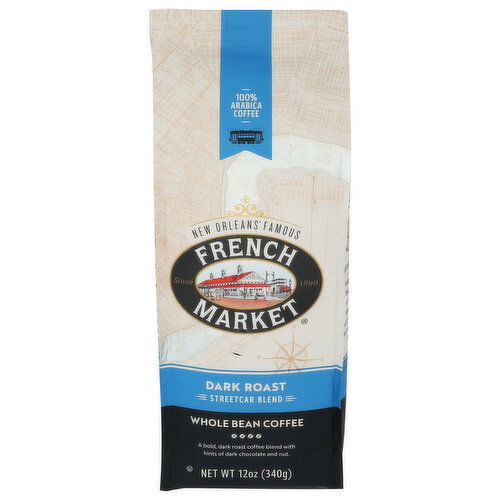 French Market Coffee Dark Roast Whole Bean Bag St. Charles Blend - 12 Ounce
