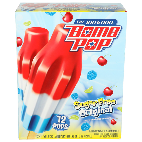 Bomb Pop Cherry, Lime & Blue Raspberry Sugar Free Original Pops - 1.75 Fluid Ounce - 12 Count