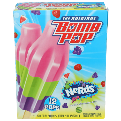 BOMB POP Tart Strawberry, Sweet Watermelon & Tangy Grape Nerds Candy® Popsicles - 1.75 Fluid Ounce - 12 Count