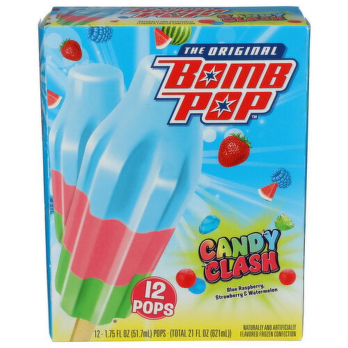 BOMB POP Blue Raspberry, Strawberry & Watermelon Candy Clash Ice Pops - 1.75 Fluid Ounce - 12 Count