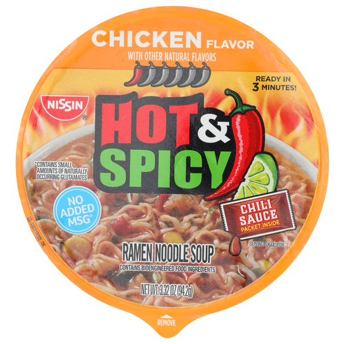 Nissin Hot & Spicy Chicken Flavor Ramen Noodle Soup - 3.32 Ounce