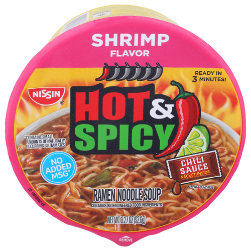 Nissin Hot & Spicy Shrimp Flavor Ramen Noodle Soup - 3.27 Ounce