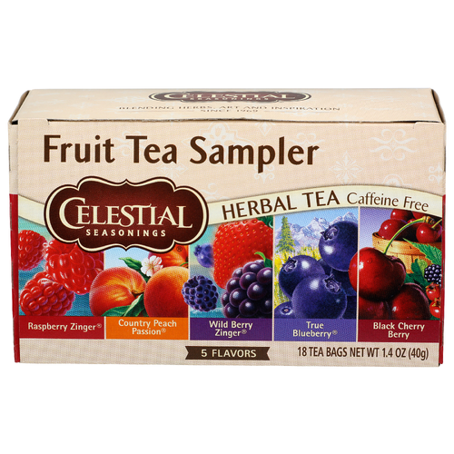 Celestial Seasonings Raspberry Zinger, Country Peach Passion, Wild Berry True Blueberry, Black Cherry Fruit Tea Sampler Herbal - 0.078 Ounce - 18 Count