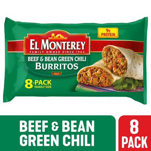 El Monterey Beef & Bean Green Chili Burritos , Family Size Frozen - 4 Ounce - 8 Count