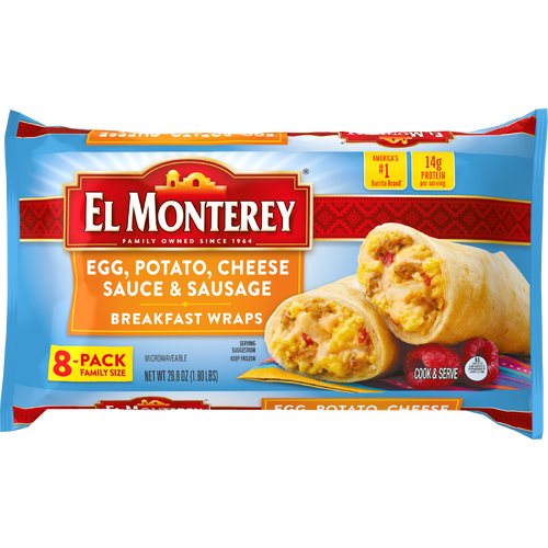El Monterey Egg, Potato, Cheese Sauce & Sausage Breakfast Wraps , Family Size Frozen - 2.618 Ounce - 11 Count