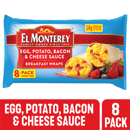 El Monterey Egg, Potato, Cheese Sauce & Bacon Breakfast Wraps, Frozen - 3.6 Ounce - 8 Count