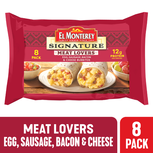 El Monterey Signature Meat Lovers Egg, Sausage, Bacon & Cheese Breakfast Burritos - 4.5 Ounce - 8 Count