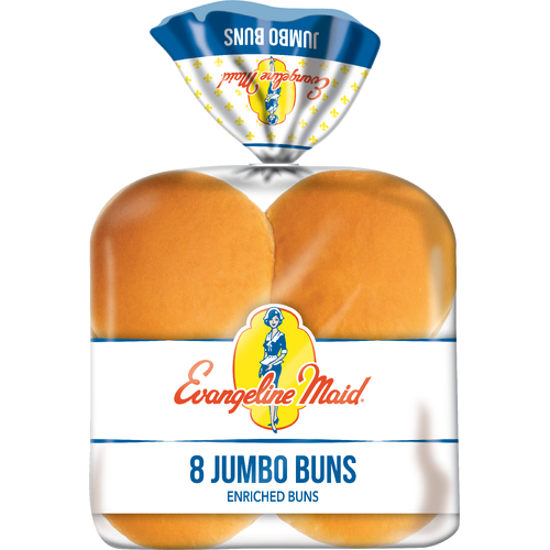 Evangeline Maid Jumbo White Hamburger Buns, Enriched Sliced - 8 Count